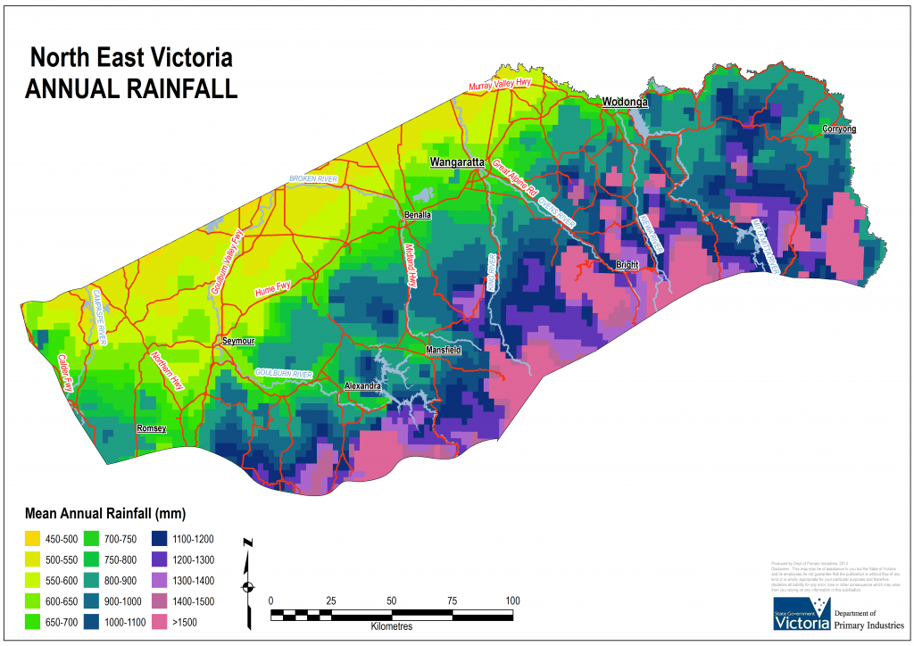 Geographical distribution of annual rainfall in North East Victoria