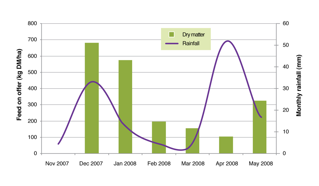 Figure 5. Kikuyu response to rainfall in terms of monthly DM yield in summer and autumn 2007/08 at the Proof Site in Wellstead.