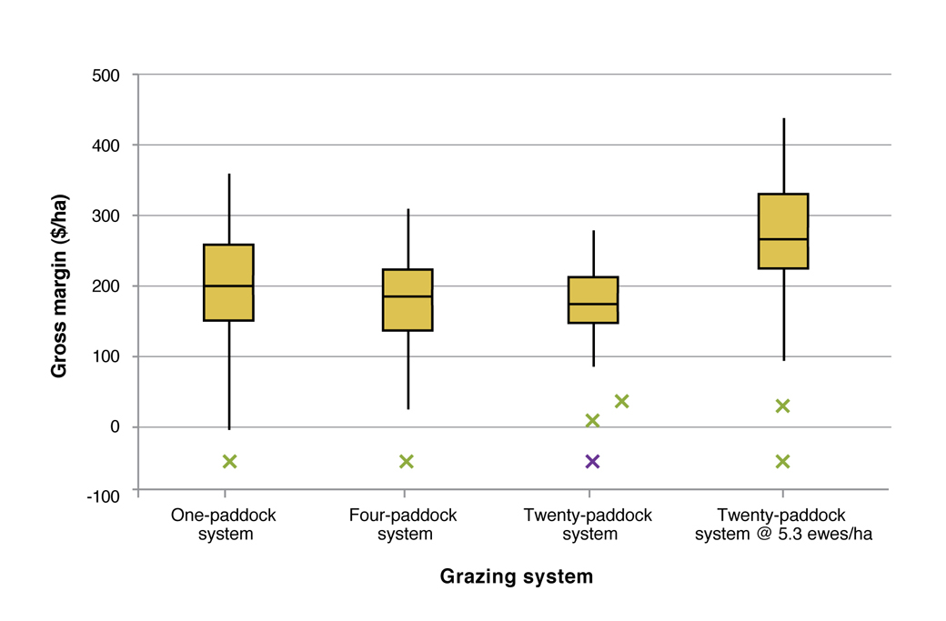 Figure 4. The box plot indicates the median and variation in gross margins for the 1-Paddock, 4-Paddock and 20-Paddock run at 4.3 ewes per ha and the 20-Paddock system run at 5.3 ewes per ha predicted from GrassGro® output using historic weather (datadrill) from 1972 to 2011.