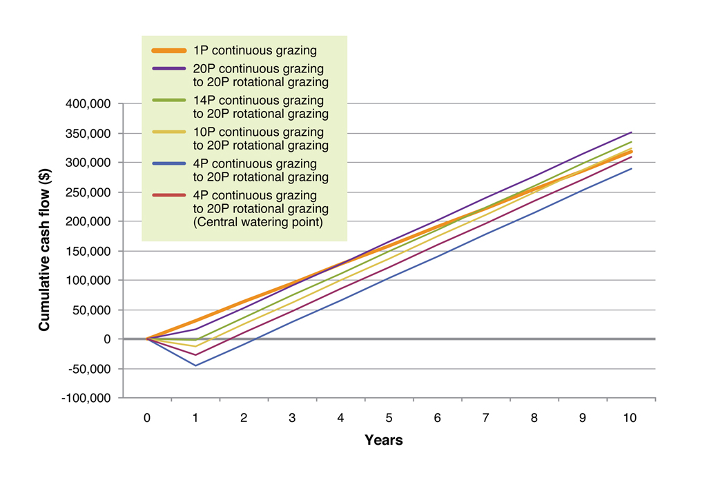 Figure 5. The cumulative cash flow for changes from continuous grazing to rotational grazing with 20, 14, 10 and 4 initial paddocks over 10 years. For the four initial paddocks a central watering point subdivision method was also investigated to reduce establishment costs.